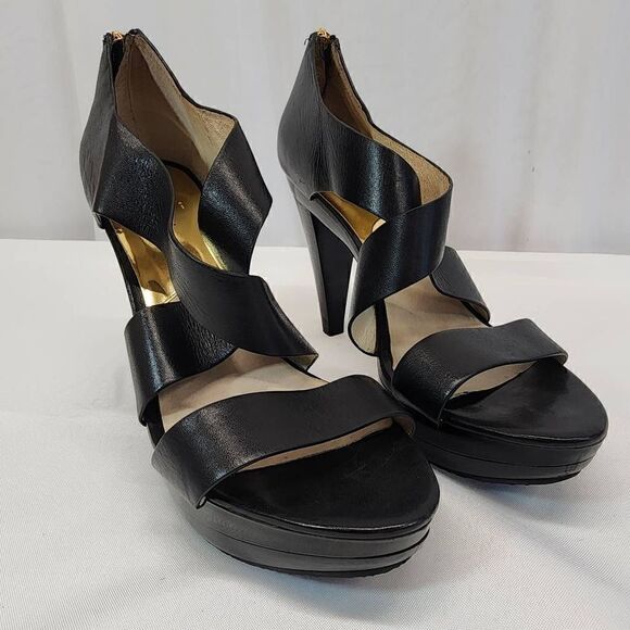 Michael Michael Kors Elena Black Leather Strapy Heels Size 10 - Picture 1 of 13